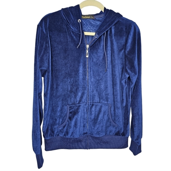 Navy Blue Velour Zip Up Hooded Jacket by Tracksuit sz Large - Picture 1 of 9